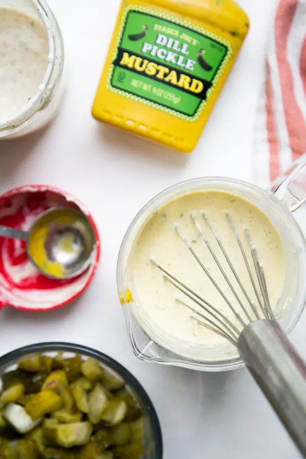 I love this potato salad dressing -- all the extra pickles, ranch, and mustard for me!