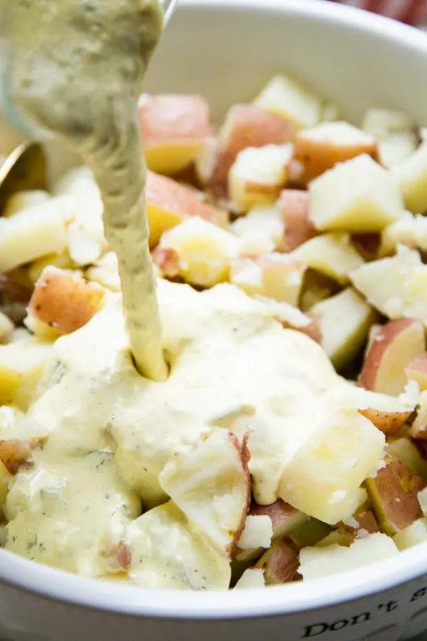 Be super careful when you stir this Instant Pot potato salad because the potatoes will fall apart pretty easily if they're still hot.