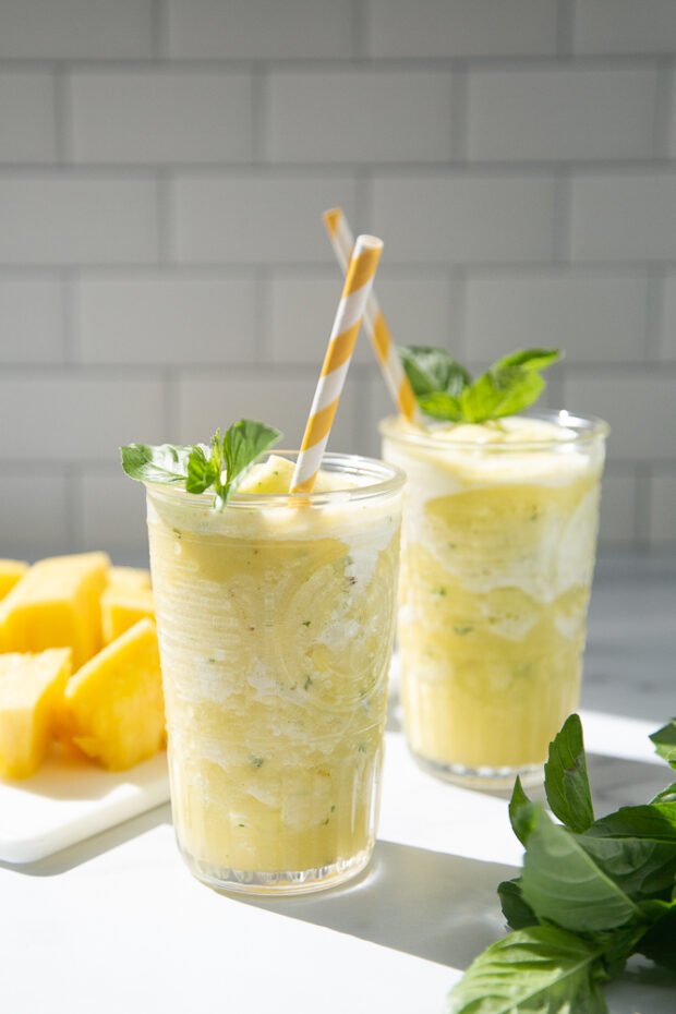 Pineapple Smoothie with Basil is a refreshing drink for summer using just a handful of fresh, seasonal ingredients.