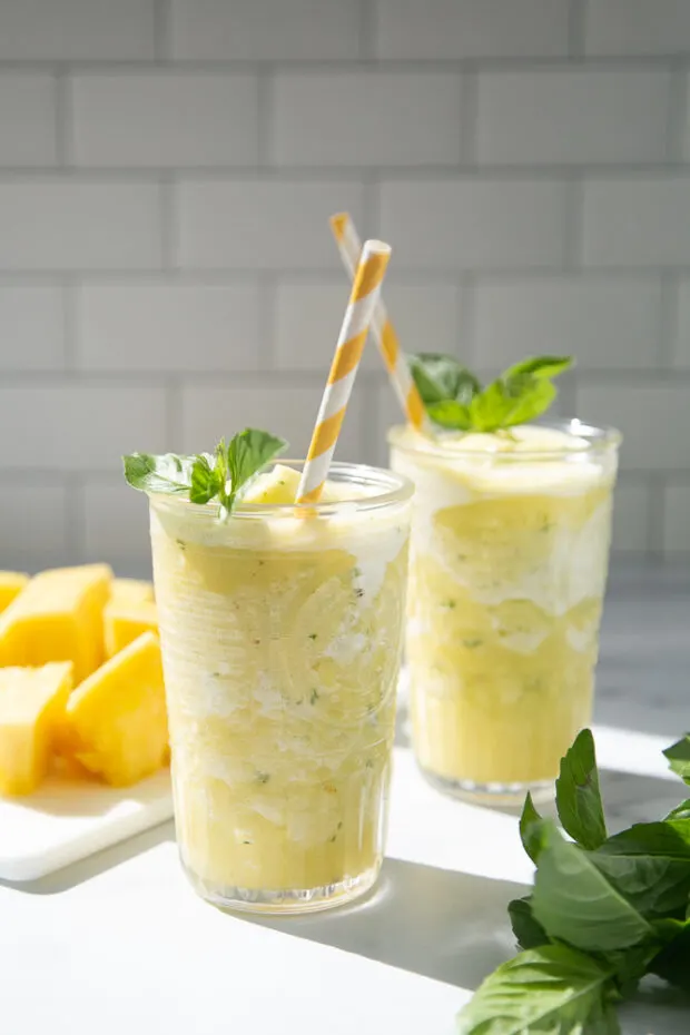 Pineapple Smoothie with Basil is a refreshing drink for summer using just a handful of fresh, seasonal ingredients.