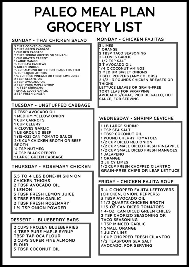 Here's a printable grocery list for this week's FREE Paleo Meal Plan!
