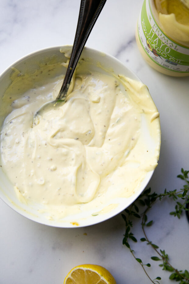 Homemade garlic aioli to dip the fish & shrimp & fries.