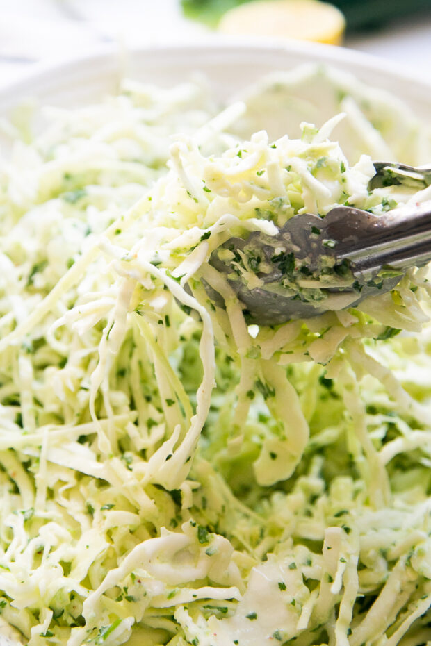 Cabbage Slaw with Cucumber Yogurt Dressing is delicious with all kinds of things! We love it alongside Latin, Middle Eastern, and Indian-inspired dishes.