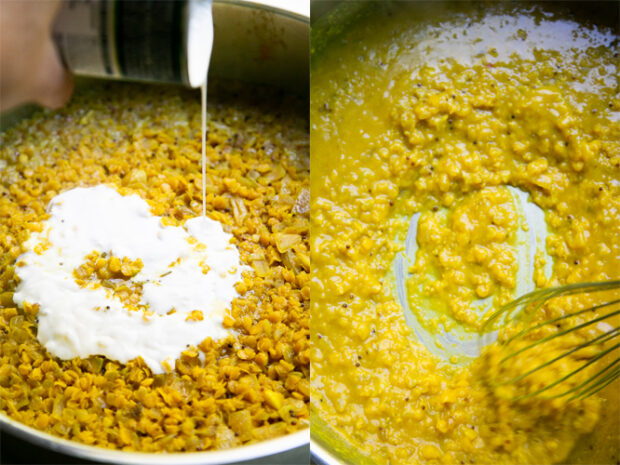 Add the coconut milk to the cooked lentils and stir it with a whisk to break them up and reach a porridge consistency.