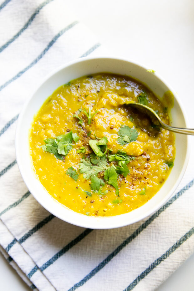 Lentil Curry in a bowl ready to eat! It's sprinkled with fresh cilantro and garam masala.