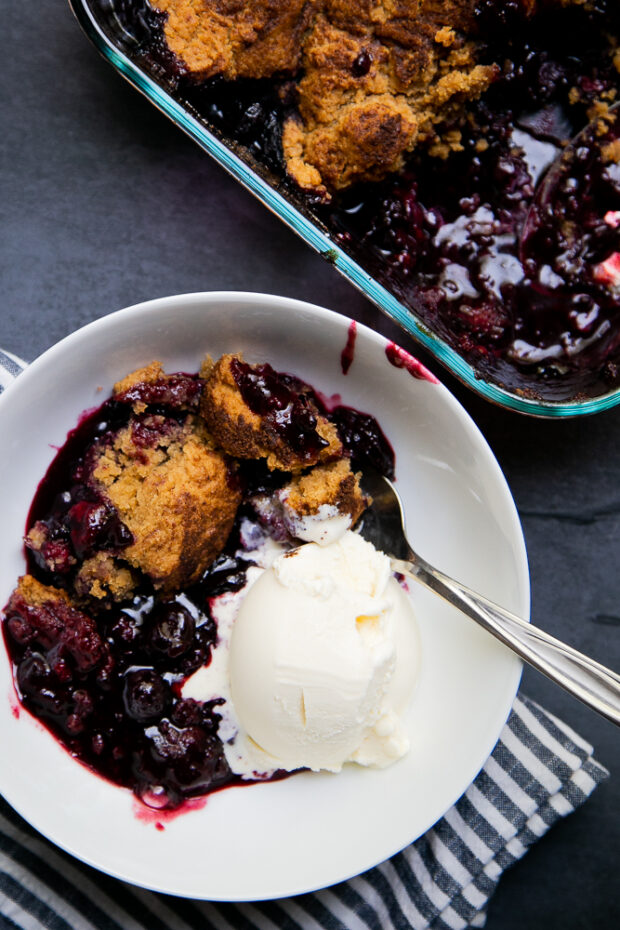 I love serving this gluten-free berry cobbler with vanilla ice cream or whipped cream.