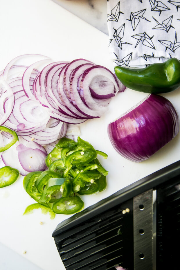 I use a mandoline slicer to slice my red onion and jalapeno to make pickled red onions.