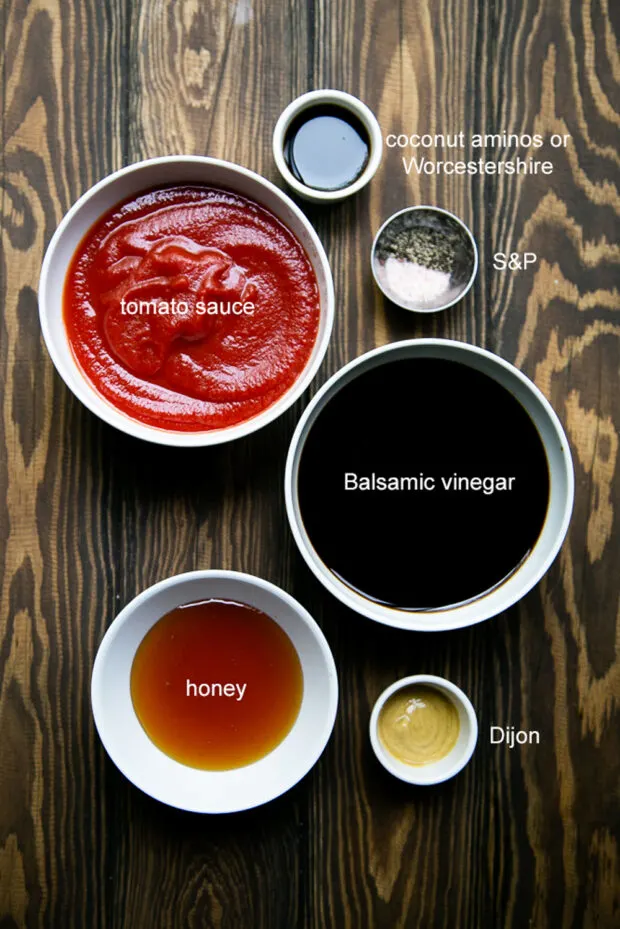 There are only a few ingredients in this homemade BBQ sauce. Most of these you already have. Like balsamic vinegar, tomato sauce, worcestershire, honey, and dijon mustard.