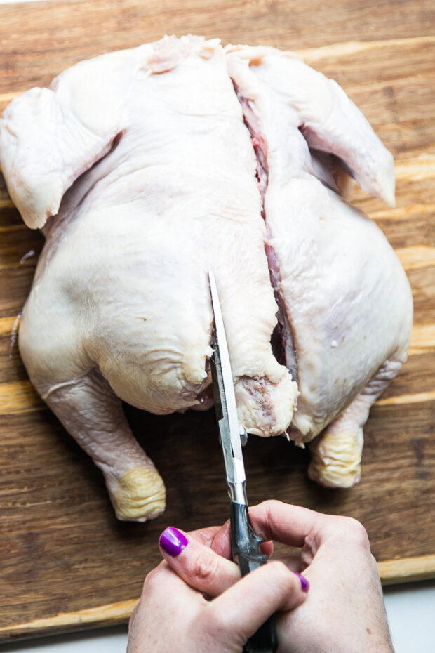 Now cut the left side of the backbone to finish spatchcocking the chicken.