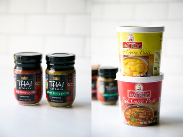 A comparison of Thai curry paste. The left panel shows Thai Kitchen brand curry paste -- both red and green. The right panel shows Mae Ploy curry paste stacked on top of each other -- red and yellow.