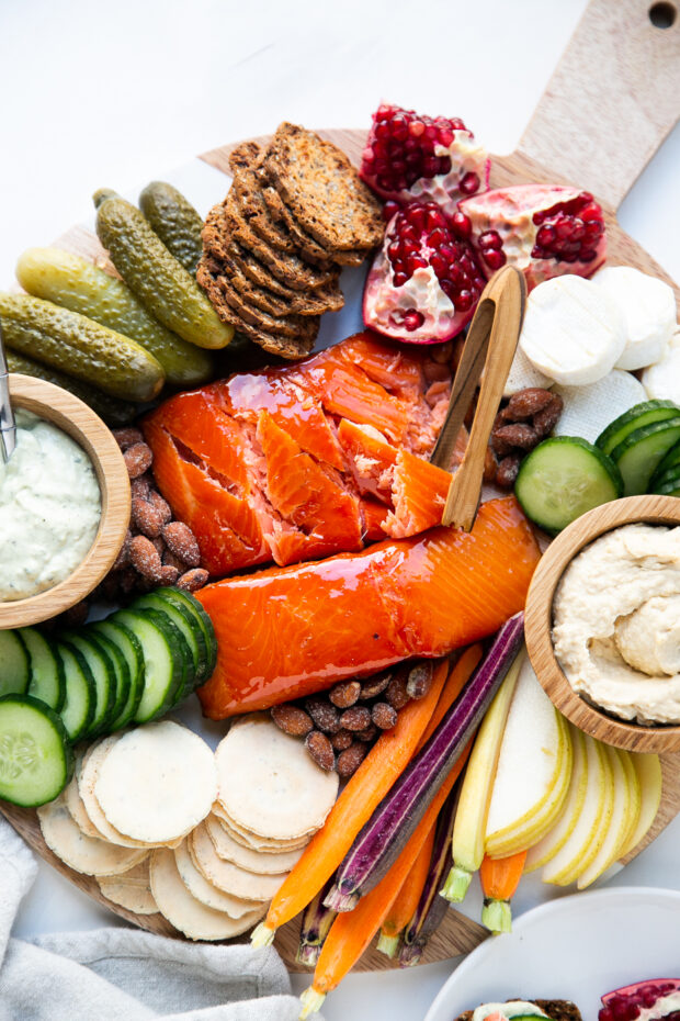 Smoked Salmon Charcuterie Board for a Christmas charcuterie.