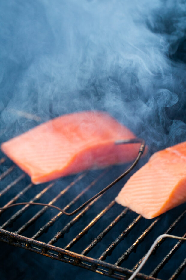 Salmon recently put on the smoker. The fillets have temperature probes in them and smoke is swirling above.