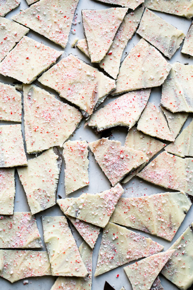 Homemade Peppermint Bark broken into pieces.