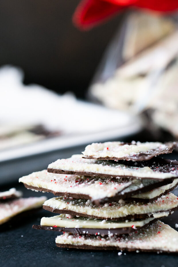 A stack of peppermint bark pieces.