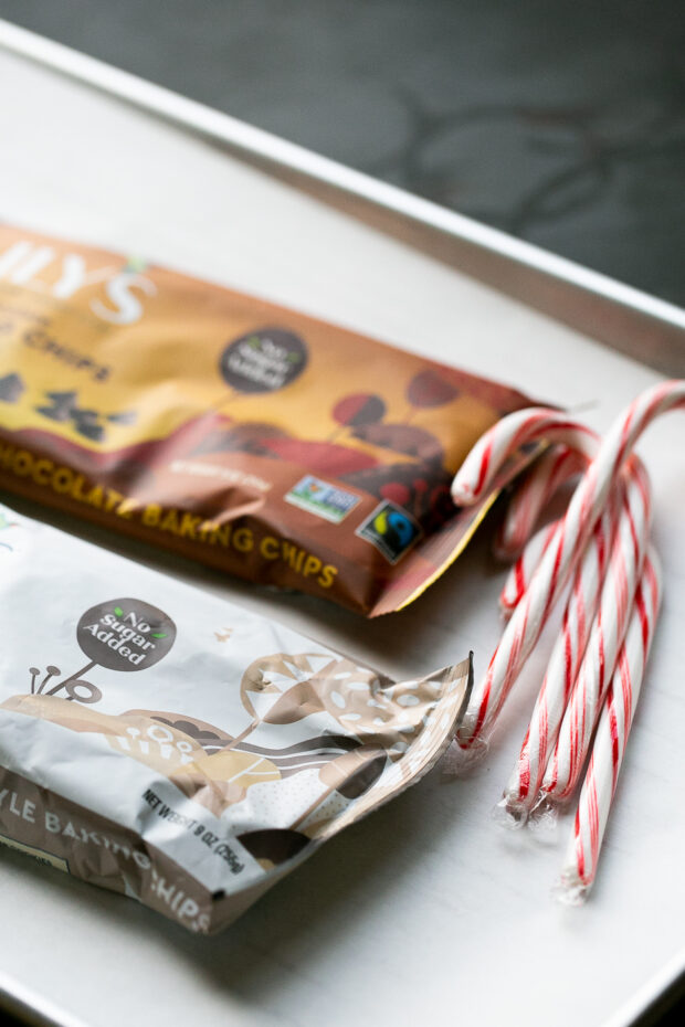 A tray with Lily's baking chips and candy canes.