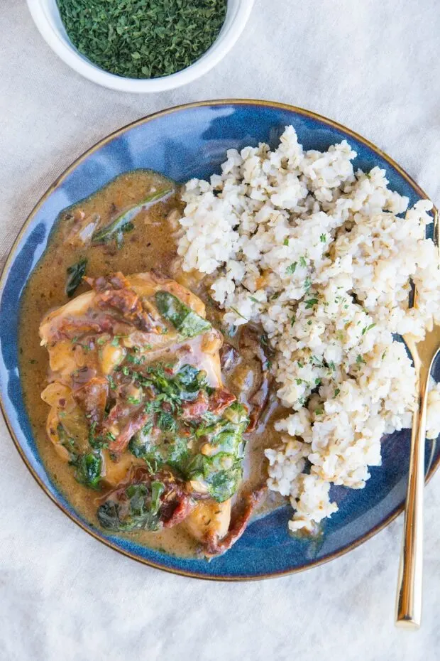 Creamy Tuscan Chicken made in the Instant Pot or slow cooker