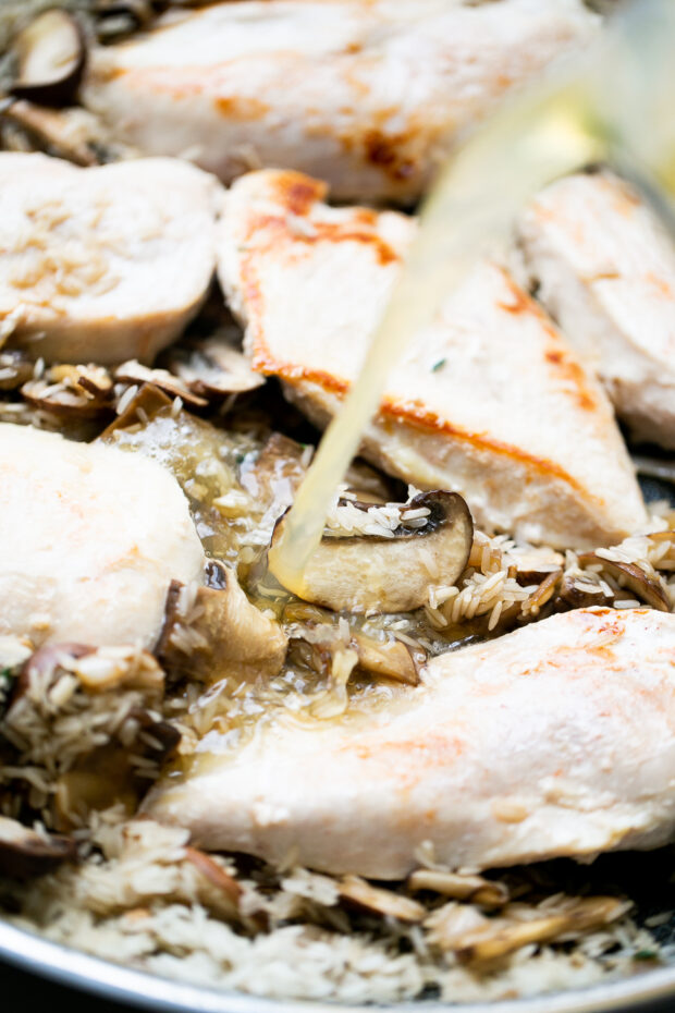 A shot of chicken broth being poured into the skillet with the chicken, rice, and mushrooms.