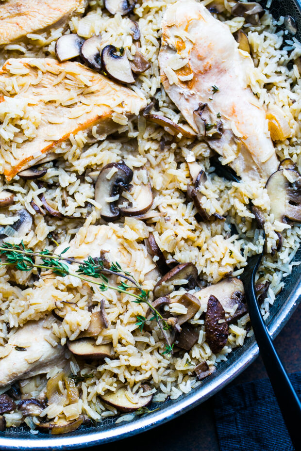 Chicken Mushroom Rice Skillet view from over head.