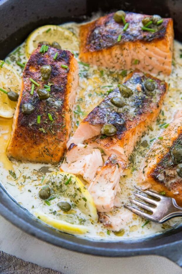 Crispy Salmon Skillet with Lemon Dill Caper Sauce