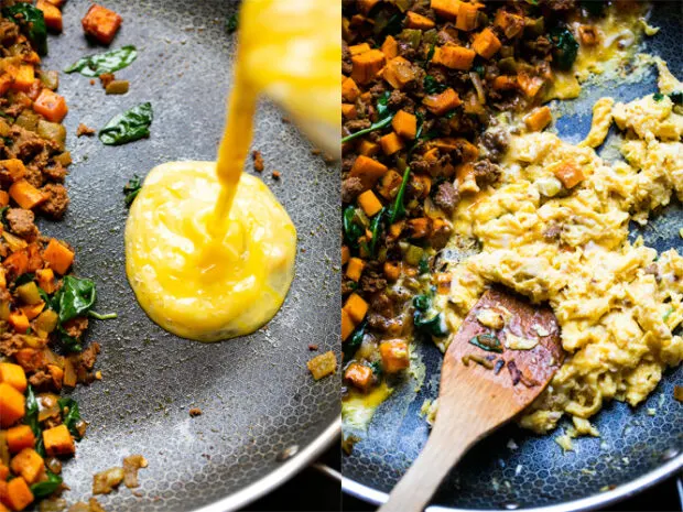 Two image collage. Left side shows hash being pushed to one side of the pan and the eggs being poured into the other side. Right side shows the eggs being scrambled.