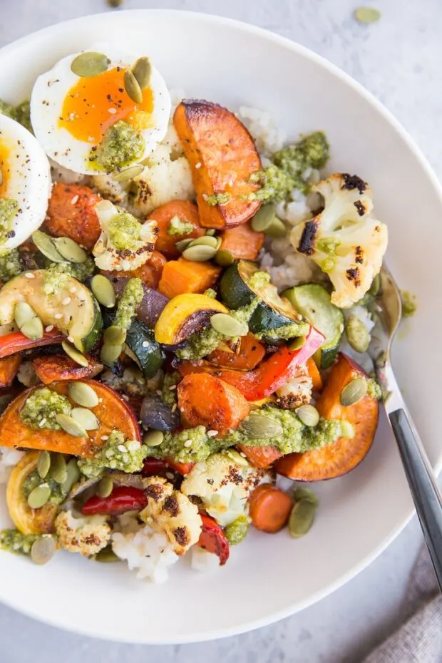 Roasted Vegetable RIce Bowls with Jammy Eggs and Pesto