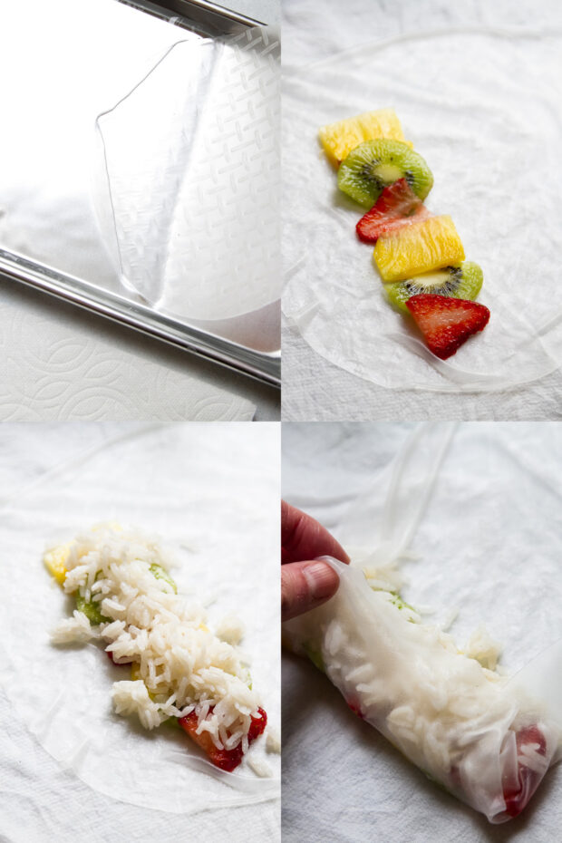 A collage showing the process of assembling the spring rolls 1. soak wrapper in warm water 2. lay it on a moist paper towel and add a layer of fruit to the softened wrapper. 3. add a layer of coconut rice on top of the fruit. 4. Bring side of wrapper over the filling, then roll from the front moving away from you.