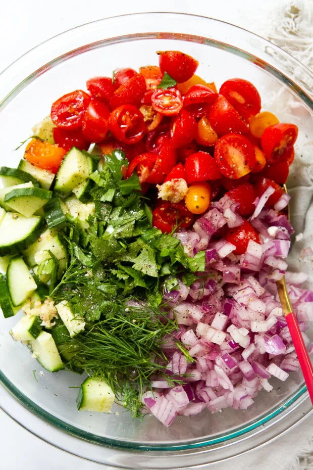 Ingredients for the tomato cucumber salad in a bowl, but haven't been blended yet.