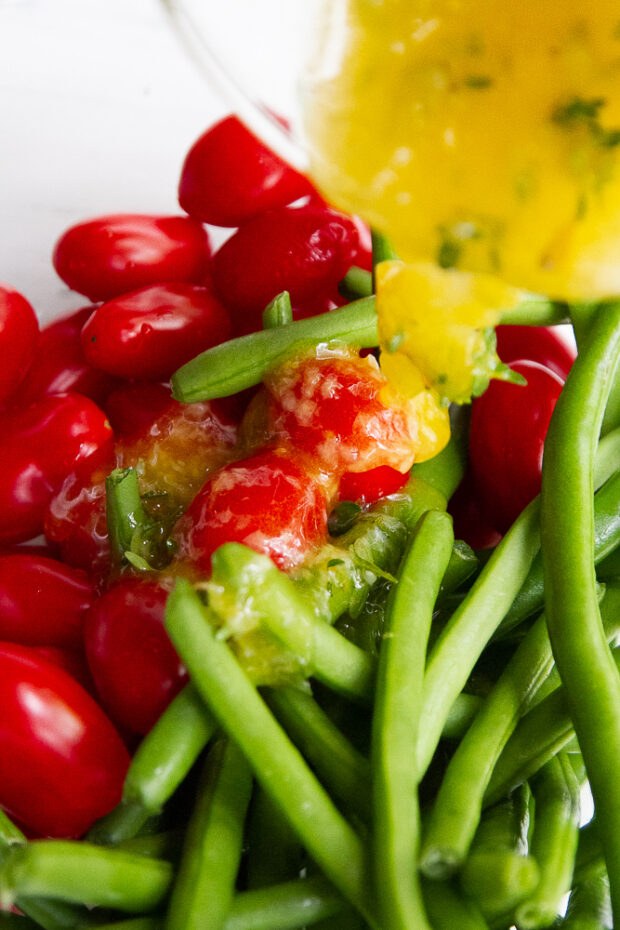 Fresh green beans and grape tomatoes tossed with garlic butter.