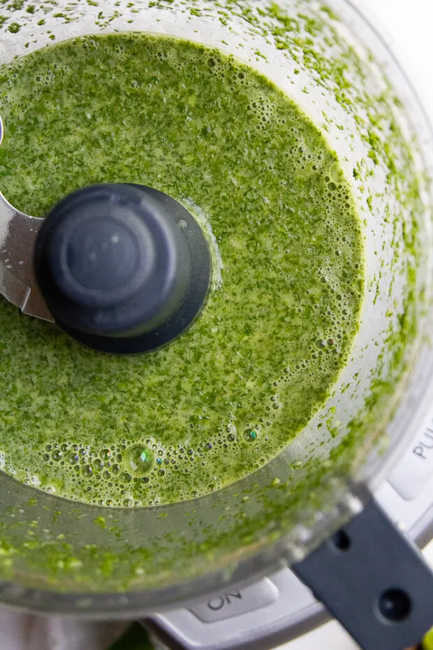 Lime herb marinade blended in a food processor -- view from the top.