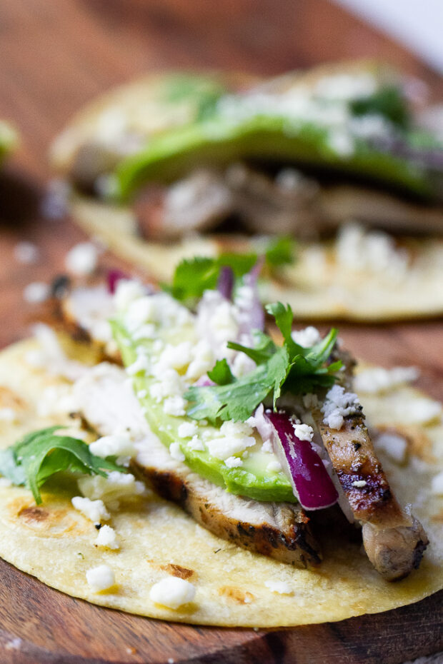 A taco with sliced grilled chicken thighs, avocado, cotija cheese, cilantro, and red onion.