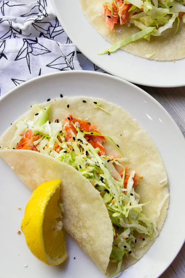 Another shot of the finished smoked salmon taco sprinkled with Everything Bagel Seasoning