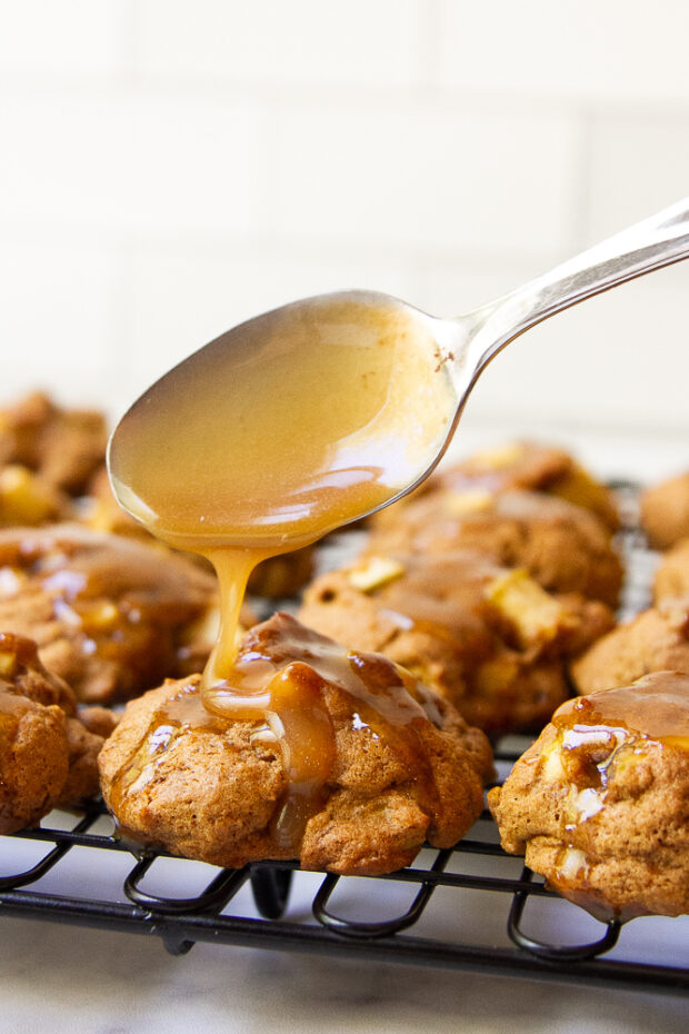 Maple Glaze is drizzled on a freshly baked gluten free apple cookie.