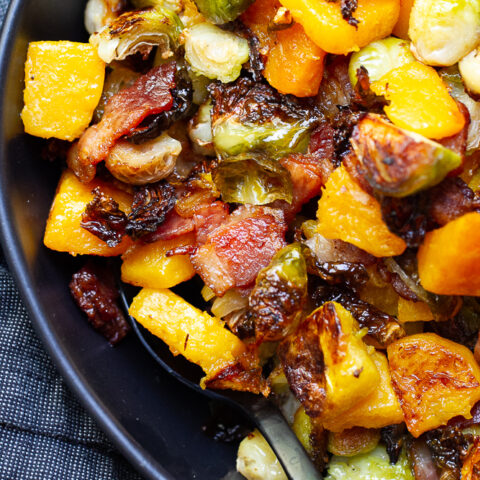 Roasted Brussels Sprouts and Butternut Squash with Bacon