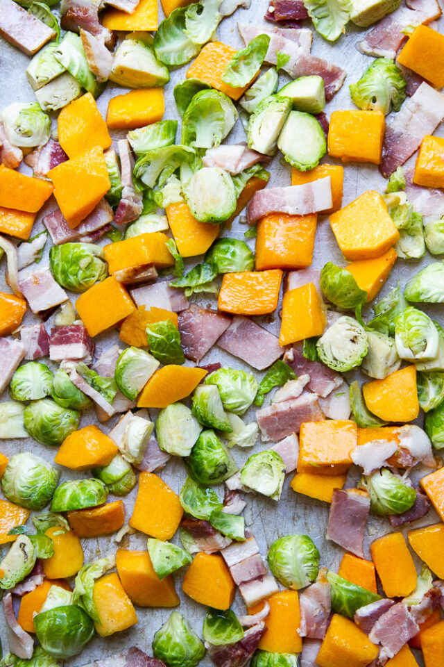 Roasted Brussels Sprouts and Butternut Squash with Bacon Perry's Plate