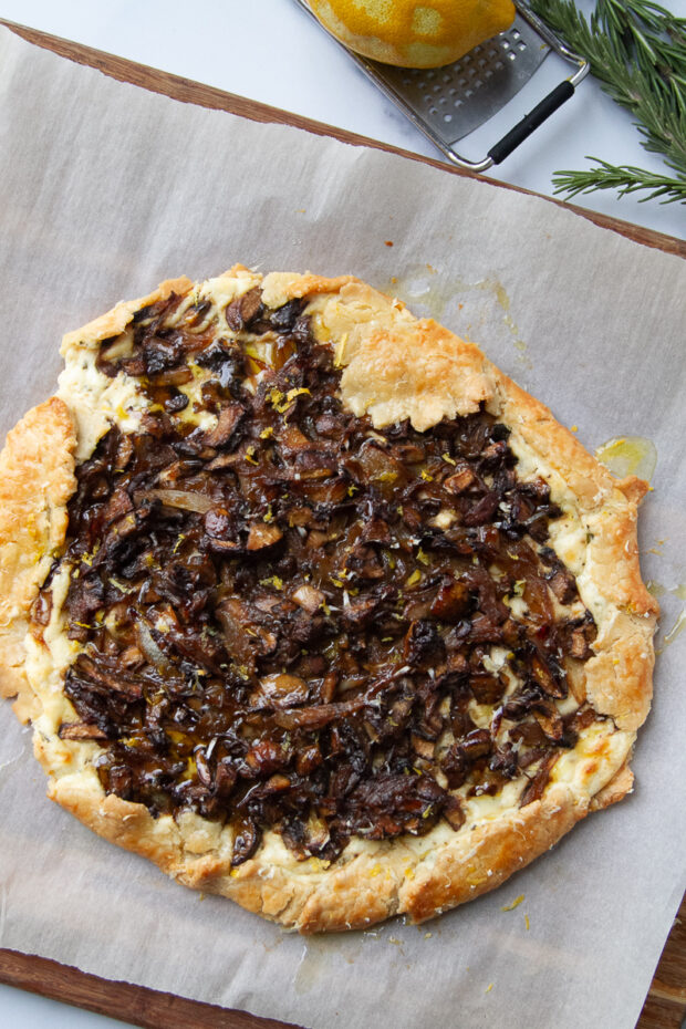 Baked Mushroom Galette on parchment fresh from the oven.
