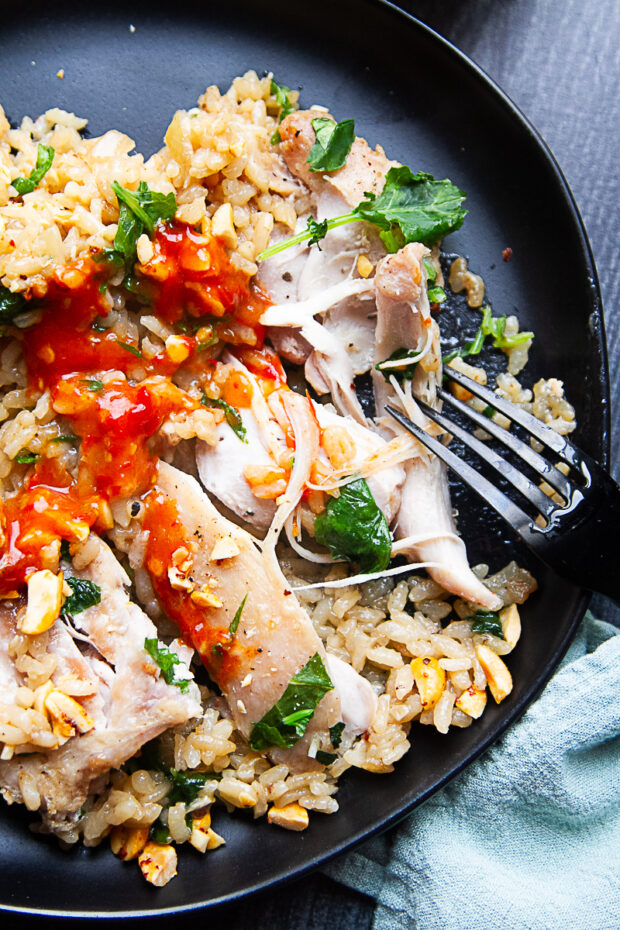 Coconut chicken things and savory rice on a black plate. Chicken is cut up and partially shredded. Topped with sambal oelek.