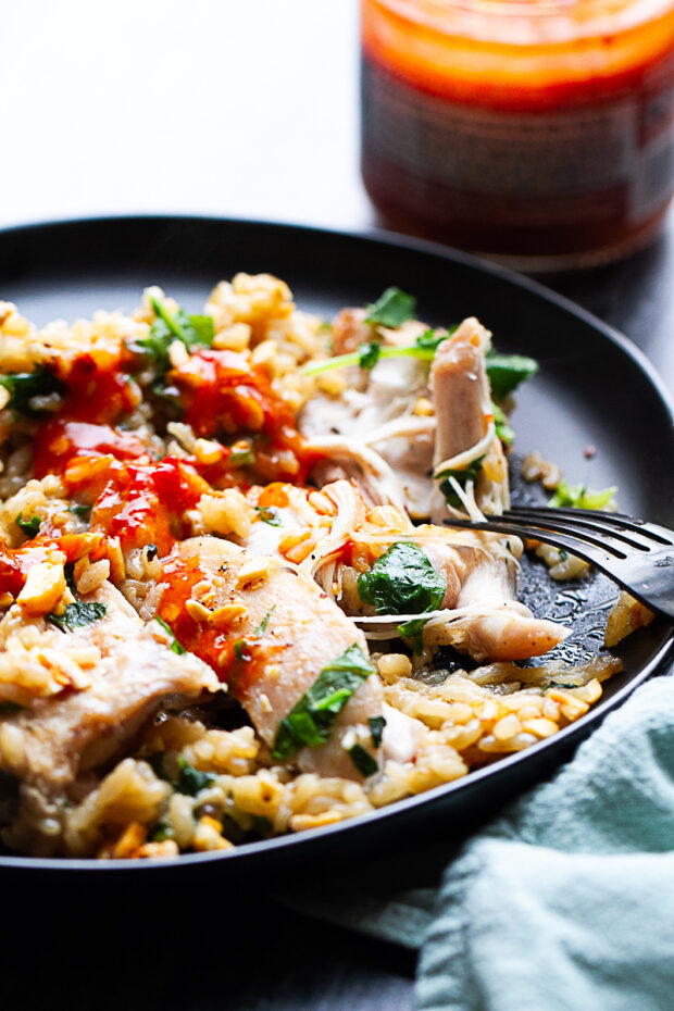 Chicken thigh cut up with rice and Asian chili sauce on top.