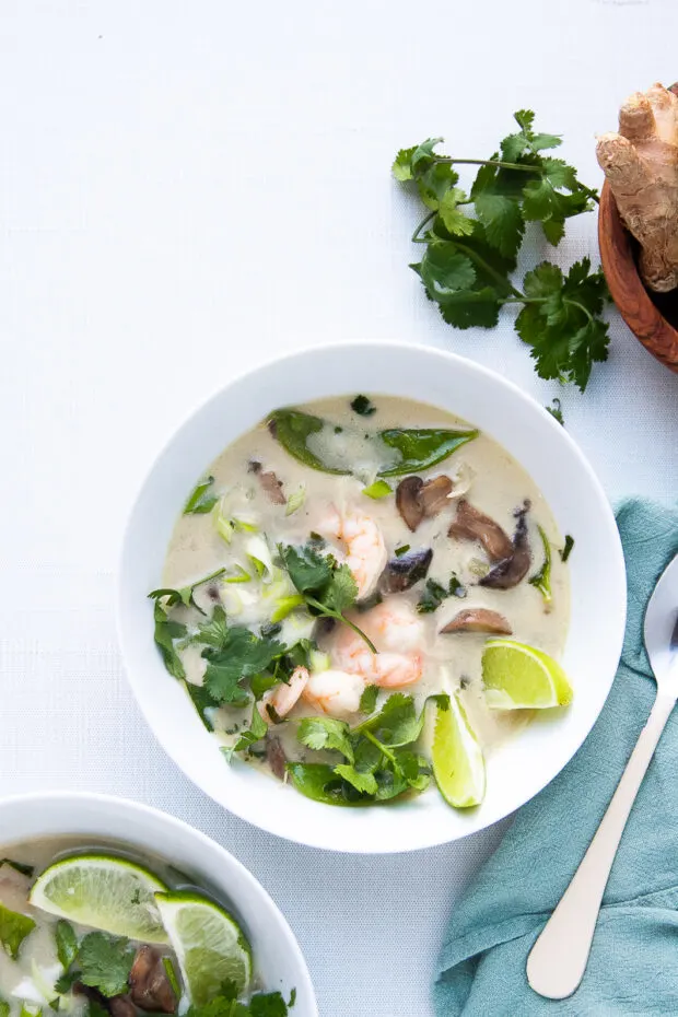 Thai coconut soup is one of my favorites! I love how quick this one comes together with shrimp and pre-prepped mushrooms and snow peas!