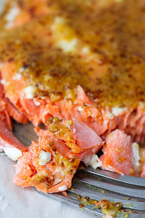 View of cooked salmon fillet with honey mustard sauce being pulled apart with a fork.