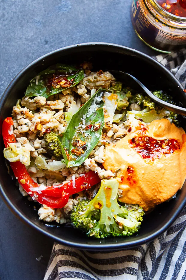 Another view of a serving of this Italian style sausage skillet with some vegan roasted red pepper sauce added.