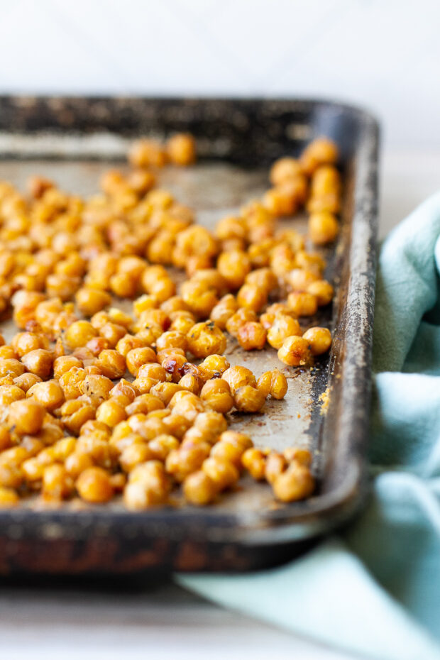 Garlic roasted chickpeas on a sheet pan.