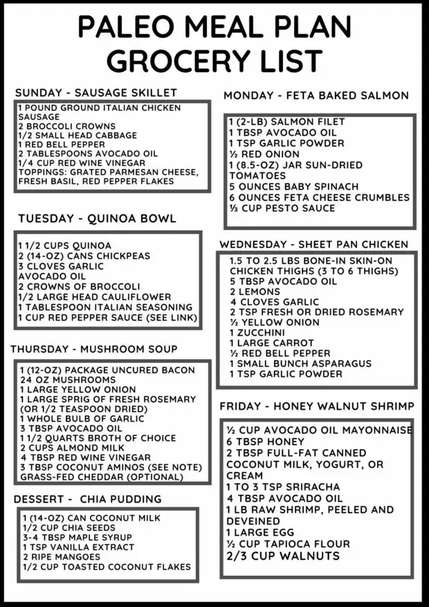 Printable Grocery list for this week's meal plan.