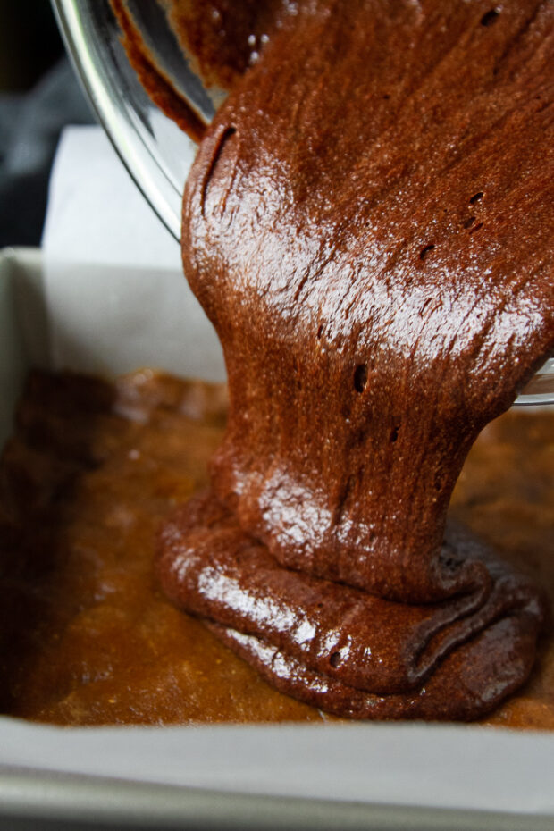 Brownie batter poured on top of the peanut butter cookie layer.