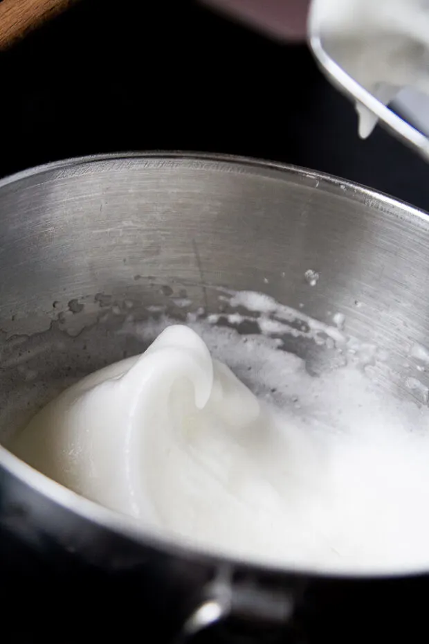 Egg whites beaten at soft peak.