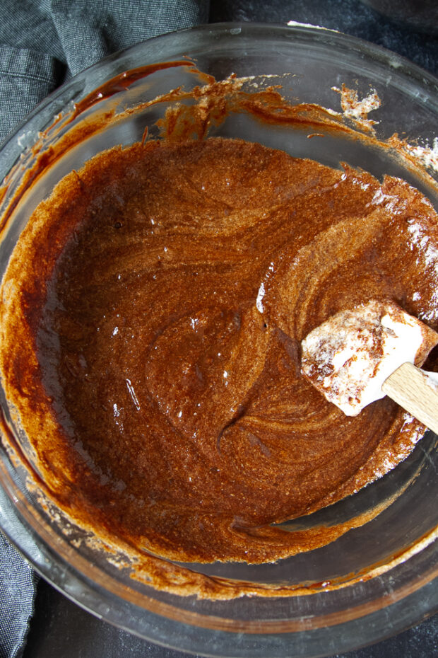 Egg whites are fully folded into the chocolate brownie batter.