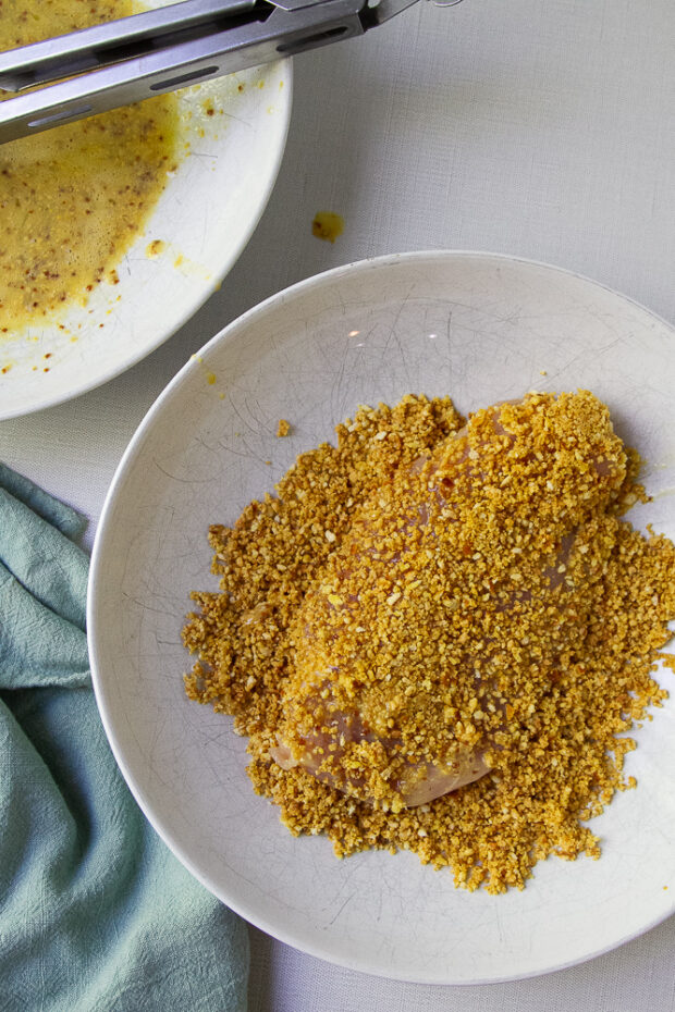 Chicken breast coated in the breading mixture.