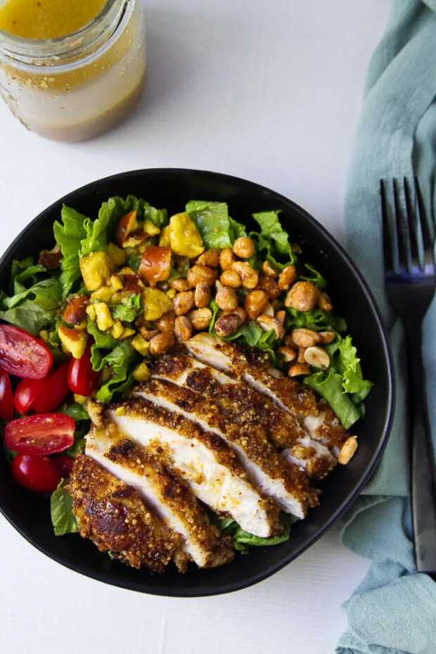 Another view of the finished Pretzel Crusted Chicken Salad with Honey Mustard Dressing.