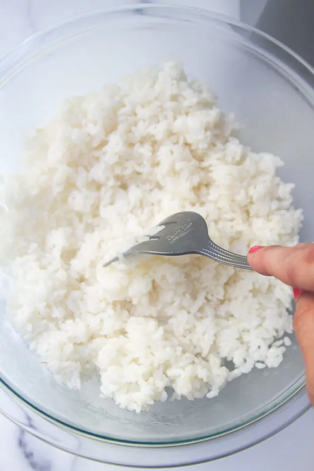 Sushi rice fluffed with a fork.