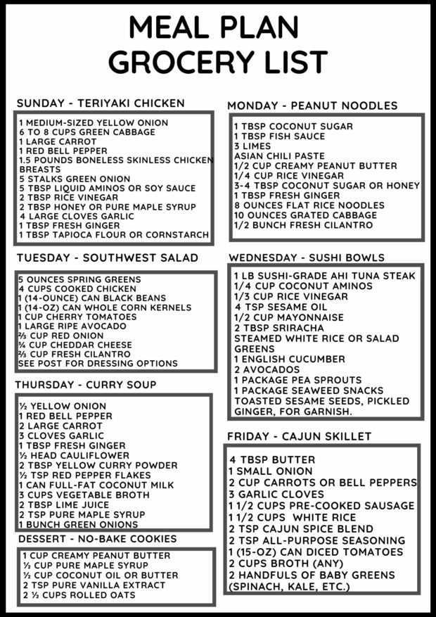Meal Plan Printable Grocery List