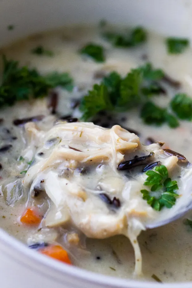 A spoon lifting out a bite of the chicken wild rice soup garnished with fresh parsley.